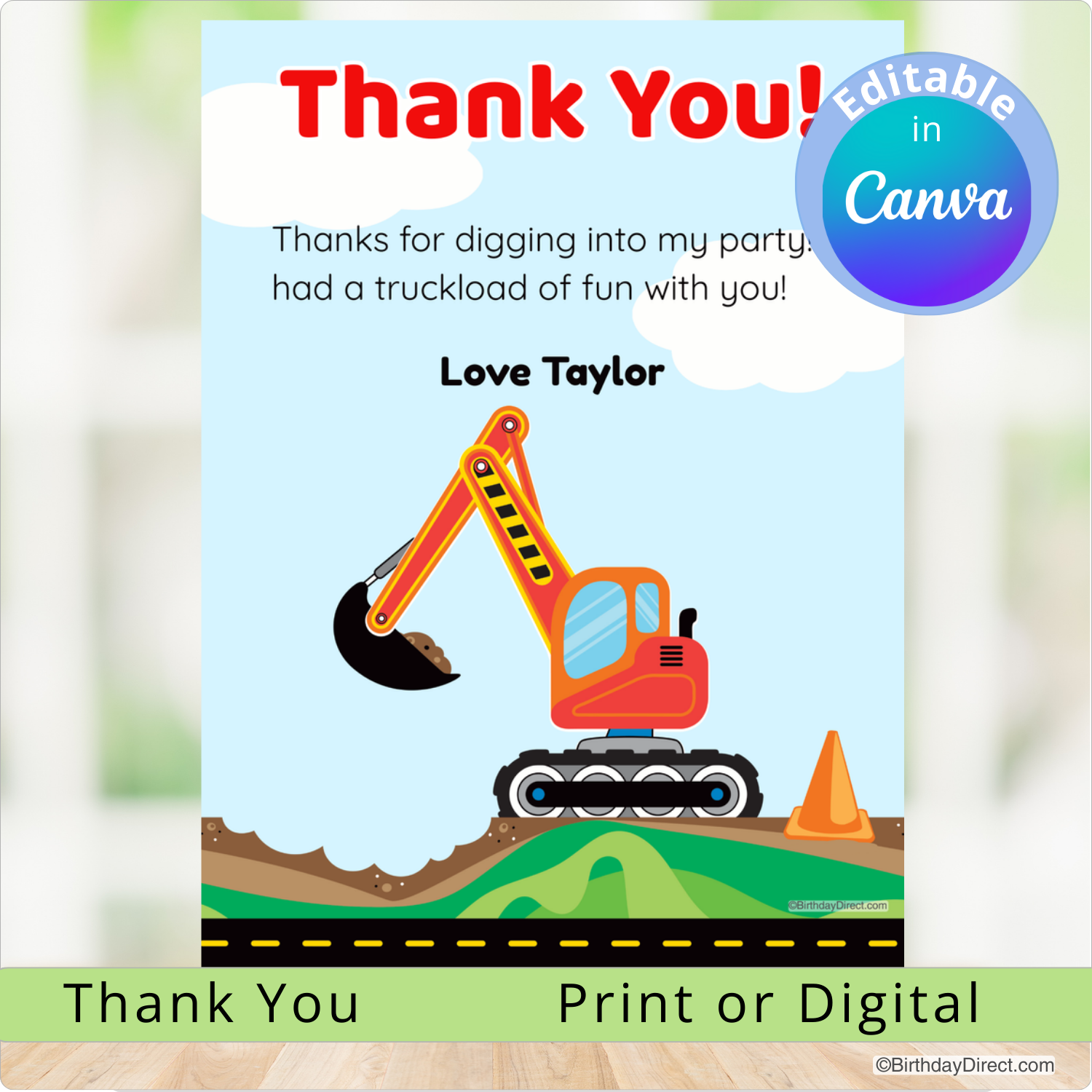 Children's thank you card with a construction excavator on a road, featuring editable text in Canva.
