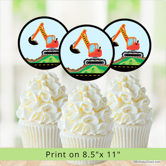 Cupcakes with white frosting and construction-themed cupcake toppers on a blurred background.