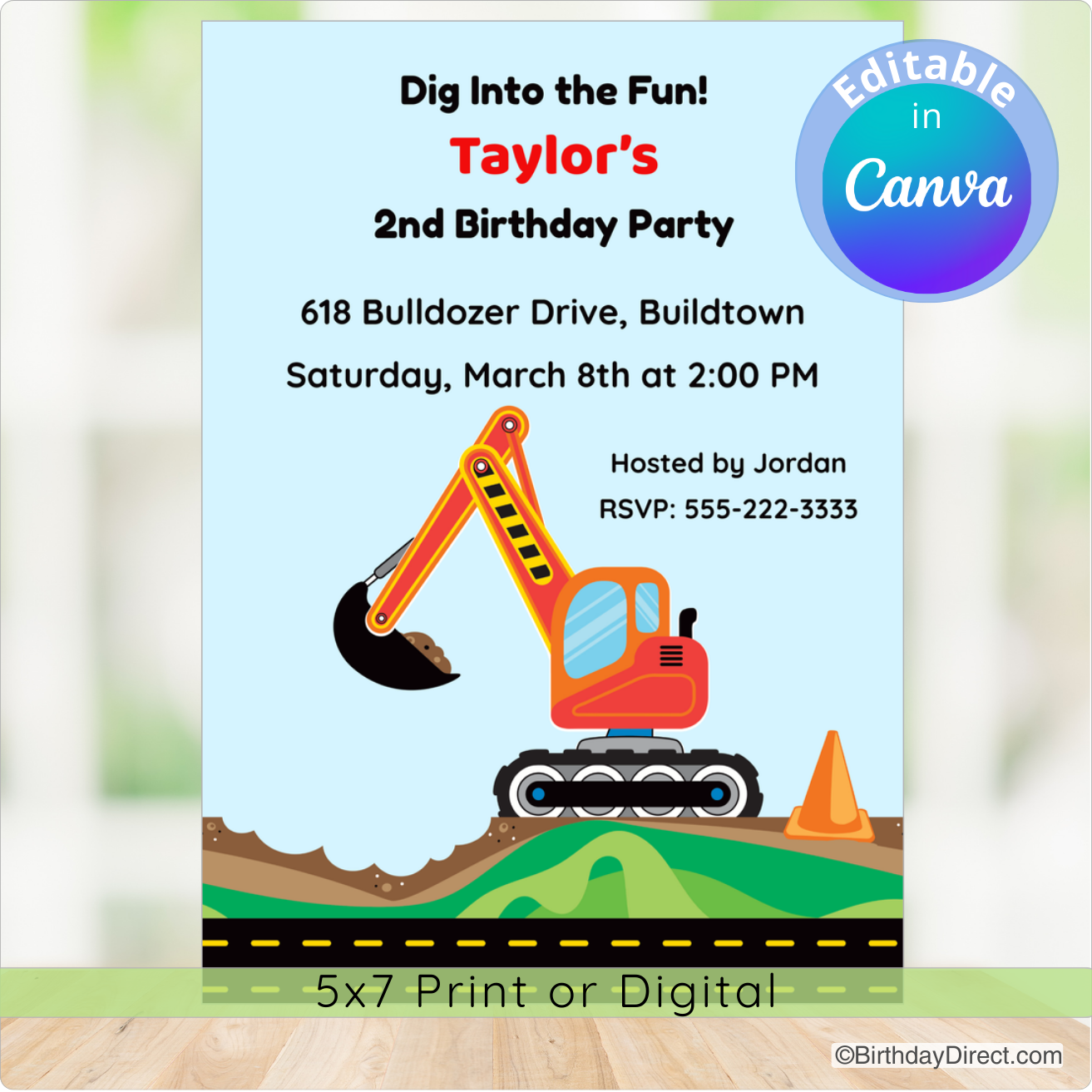 Birthday party invitation with a cartoon excavator on a light blue background, featuring text for Taylor's birthday party.