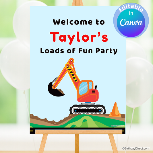 Party poster with an excavator graphic and text 'Welcome to Taylor's Loads of Fun Party' on a blue background.