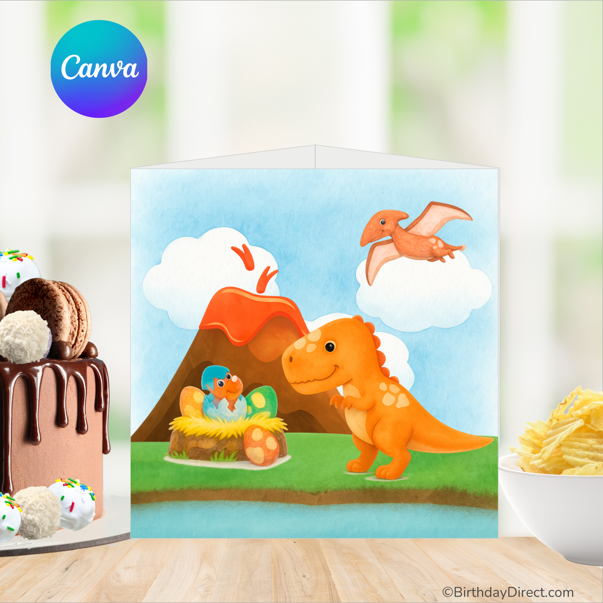 Children's birthday centerpiece with dinosaurs and a cake on a wooden table.