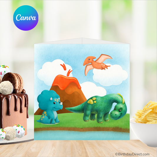 Children's birthday centerpiece with dinosaurs and a volcano, featuring the Canva logo.