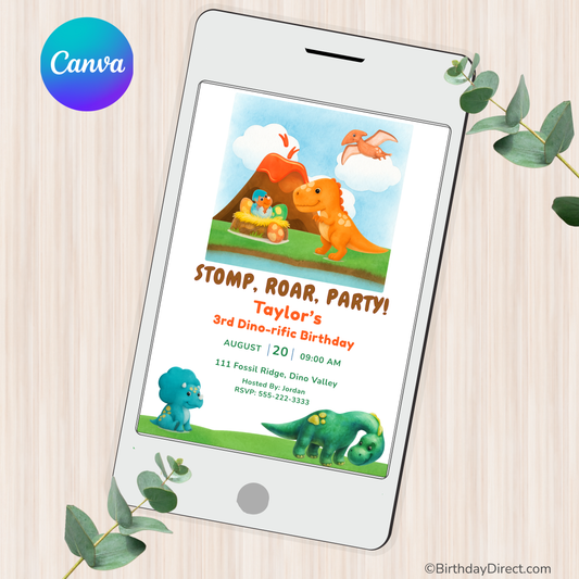 Dinosaur-themed birthday party invitation on a smartphone screen with 'Canva' logo.