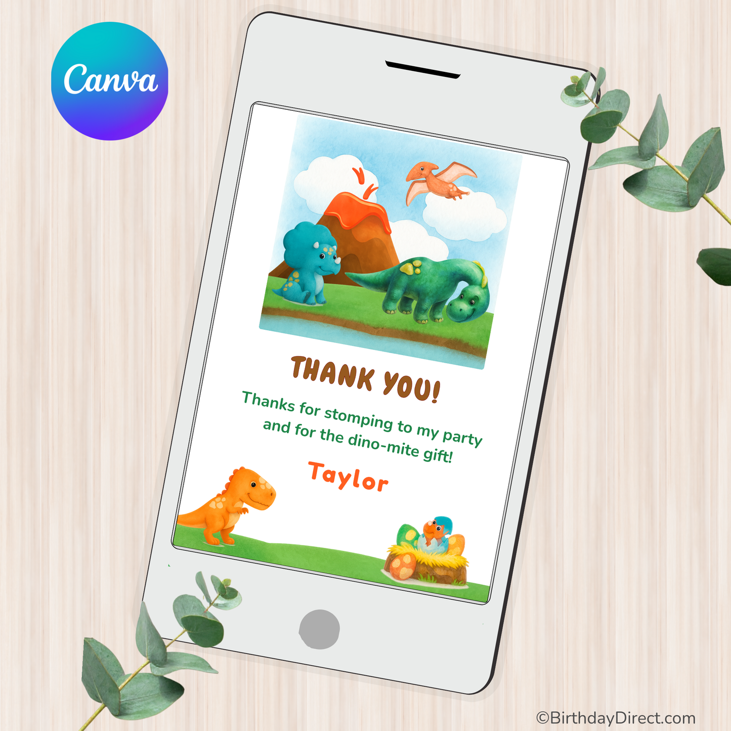 Phone screen displaying a dinosaur-themed thank you card with 'Canva' logo.