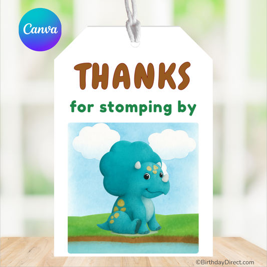 Gift tag with a dinosaur illustration and text 'Thanks for stomping by' on a blurred background.