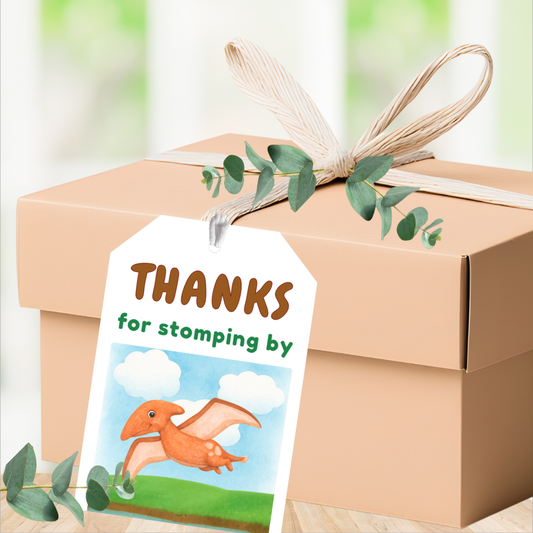 Gift box with a dinosaur-themed gift tag, 'Thanks for stomping by' tag.