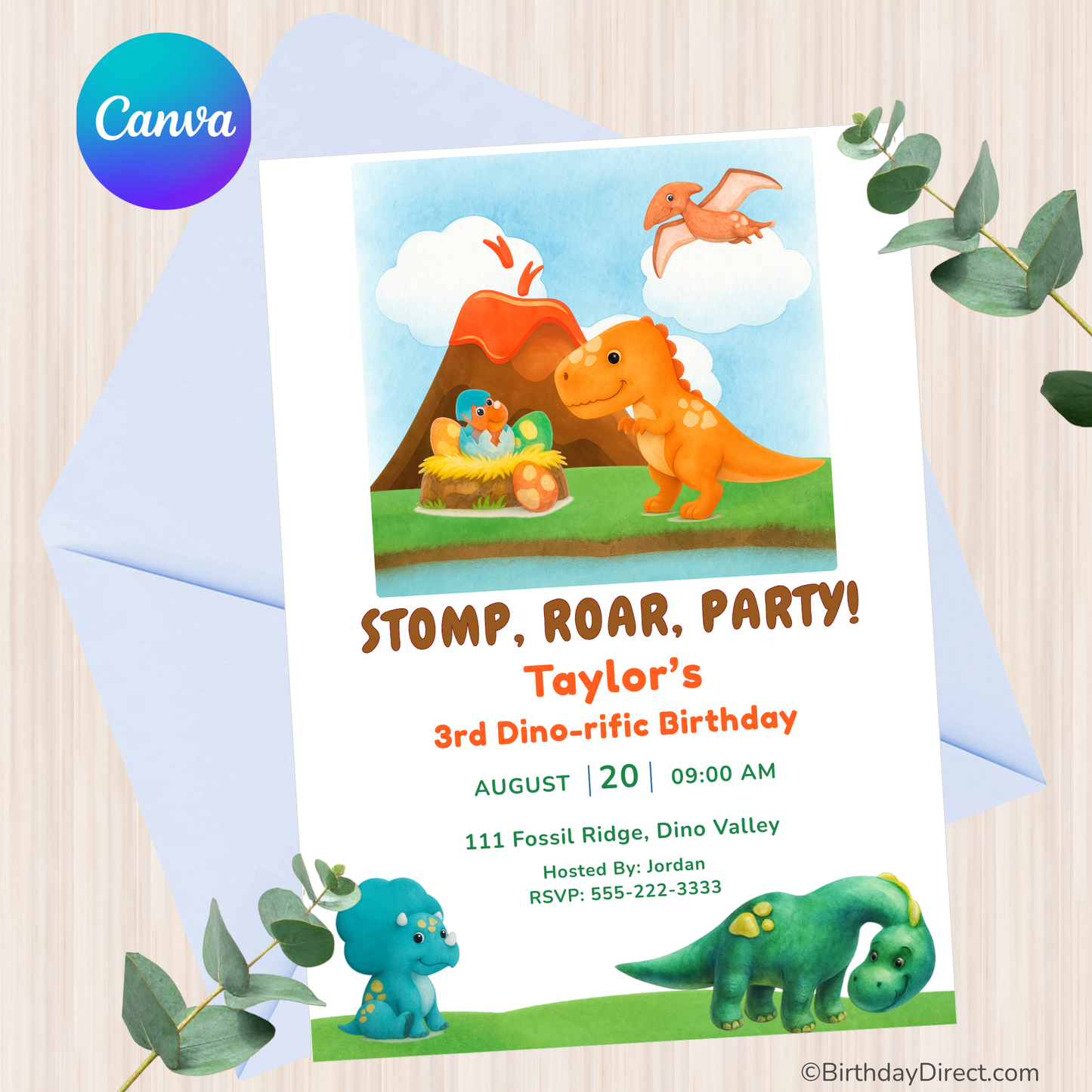 Dinosaur-themed birthday party invitation with colorful illustrations and text on a light background.
