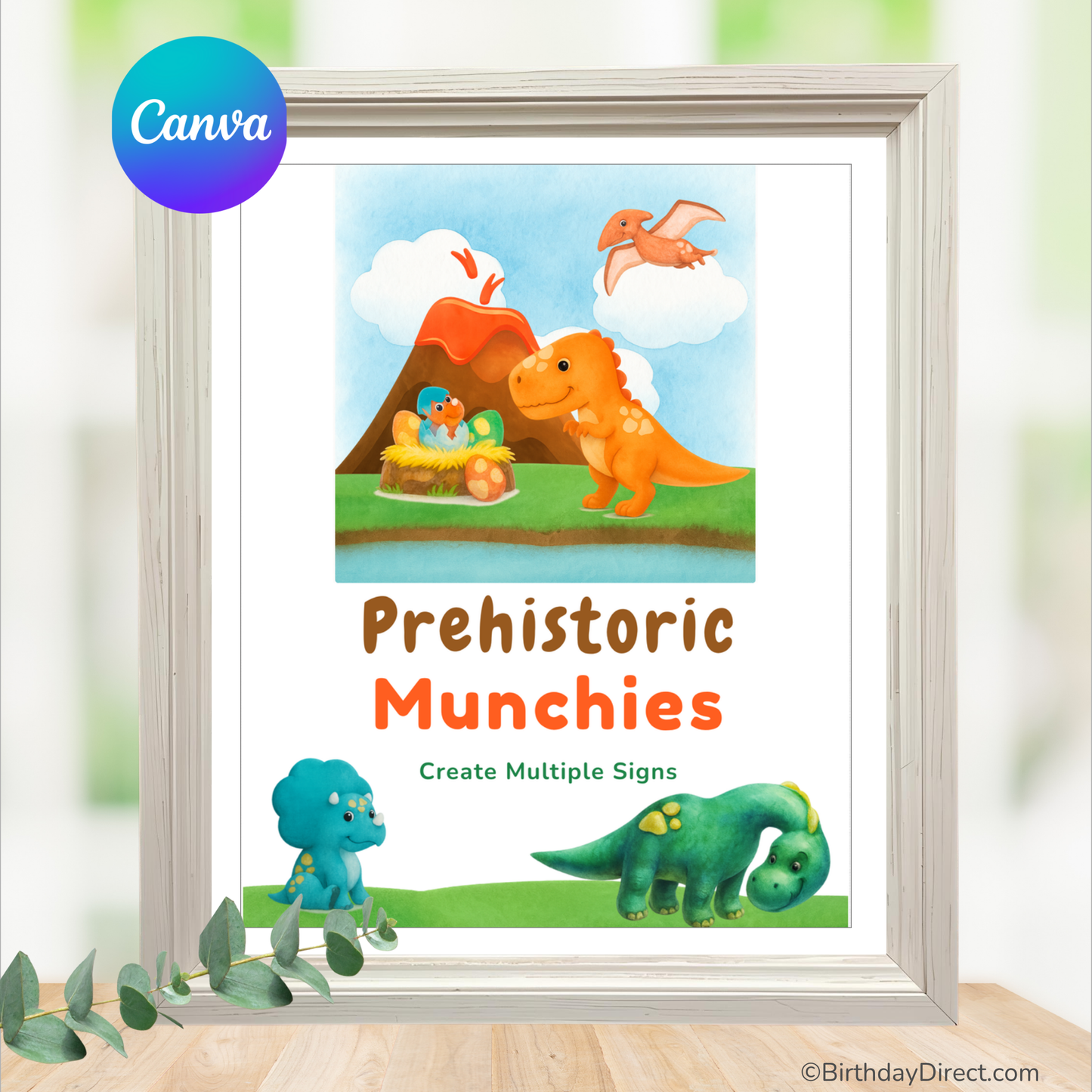 Framed children's poster with baby dinosaurs and a volcano, featuring the Canva logo.