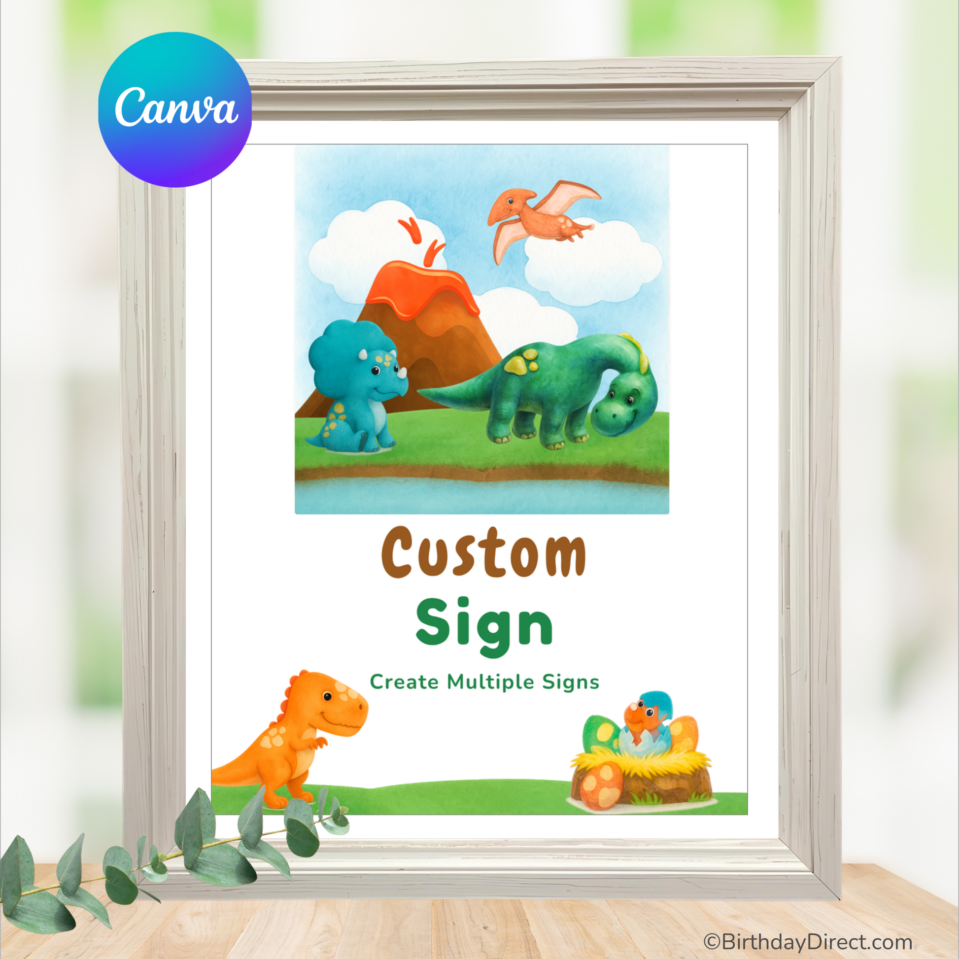 Framed customizable dinosaur-themed sign with Canva logo
