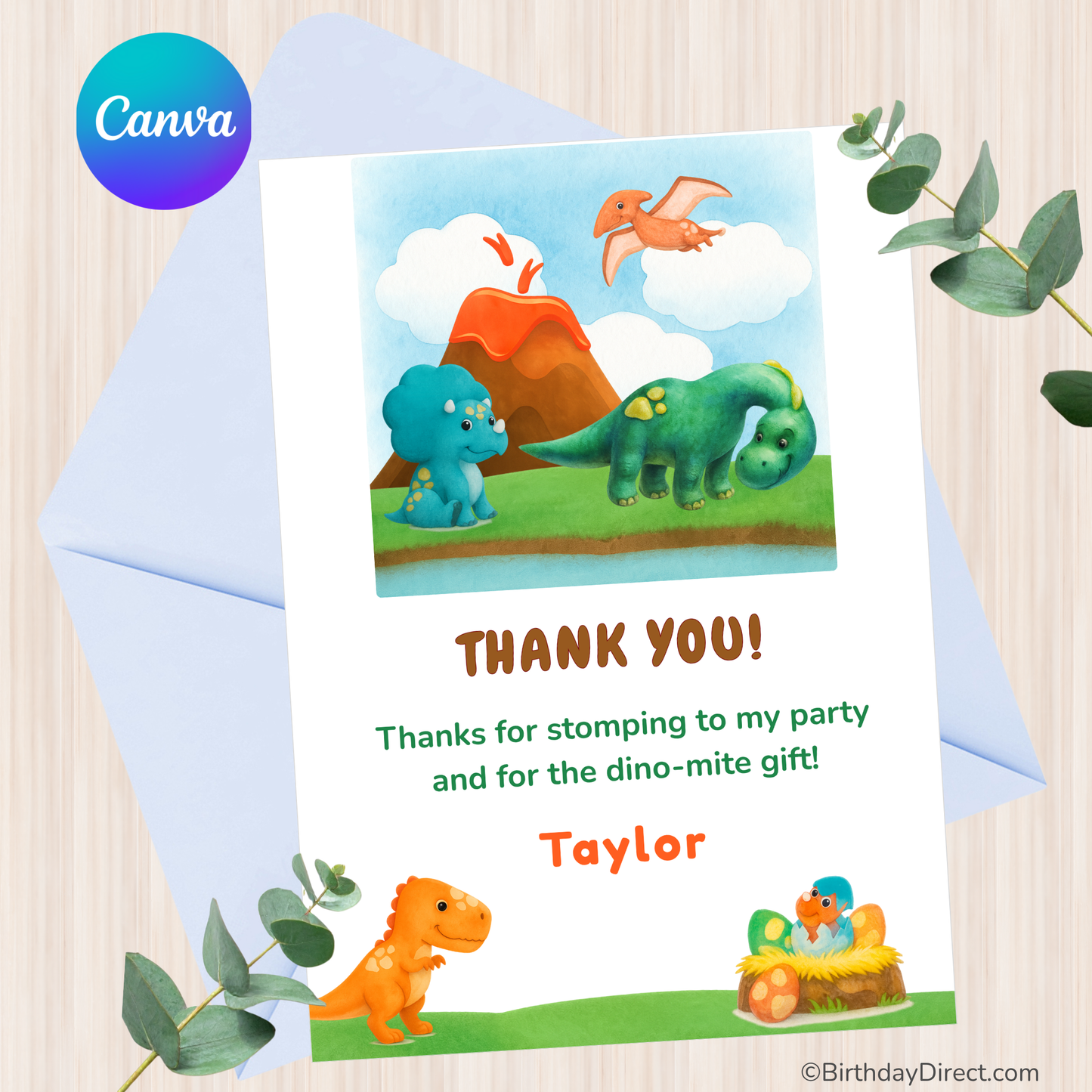 Dinosaur-themed thank you card with 'Canva' logo and 'BirthdayDirect.com' branding.