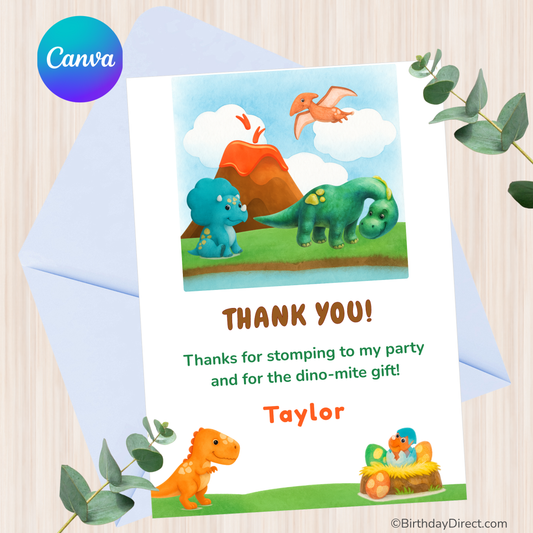 Dinosaur-themed thank you card with 'Canva' logo and 'BirthdayDirect.com' branding.