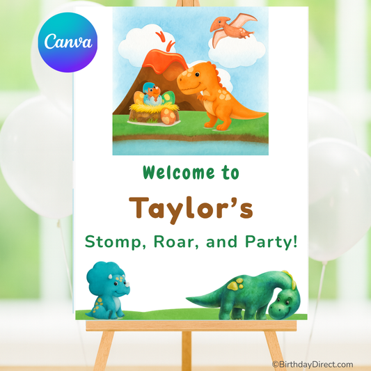 Dinosaur-themed birthday party welcome poster with colorful dinosaurs and 'Canva' branding.