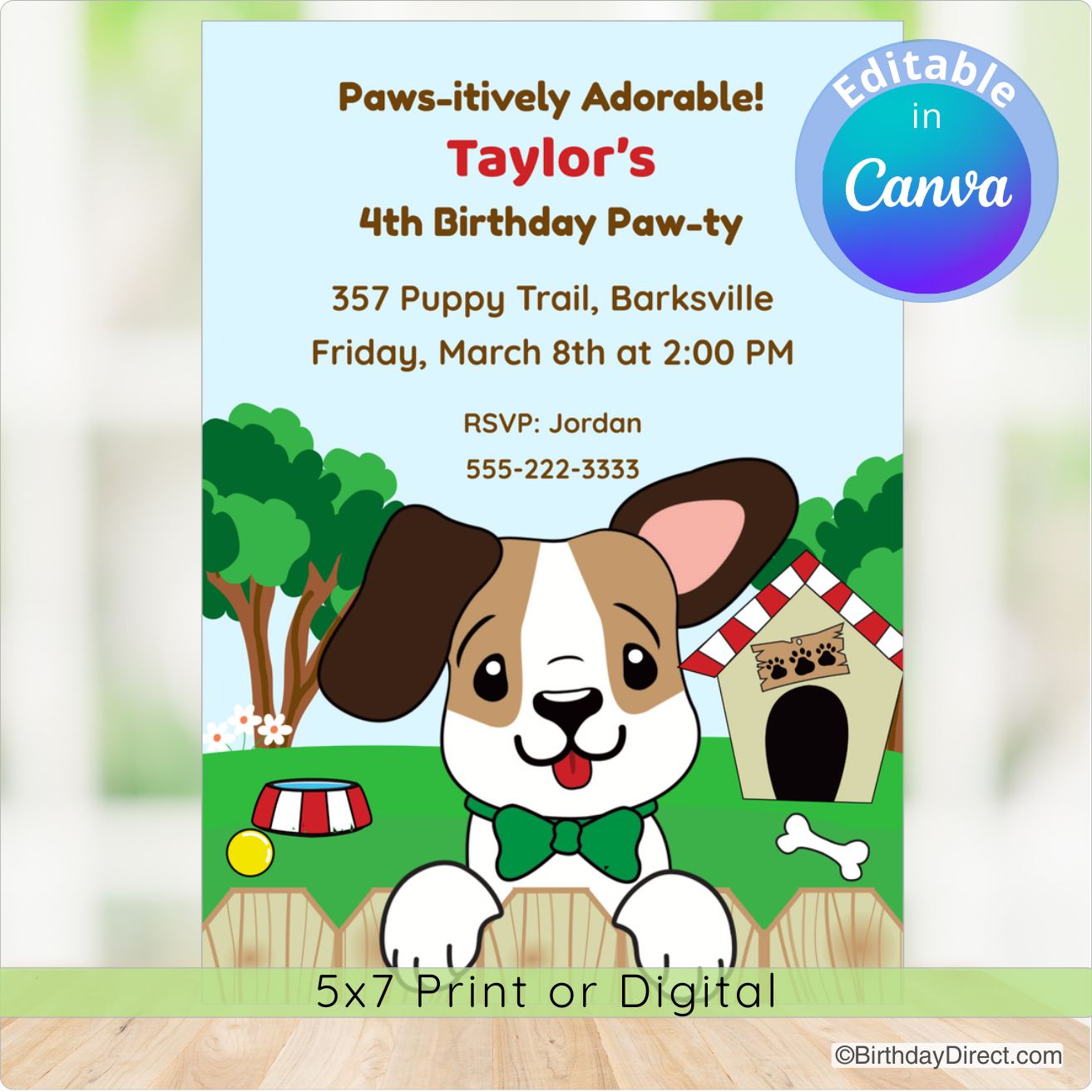 Birthday party invitation with a cartoon dog and outdoor setting, featuring Canva's editing option.