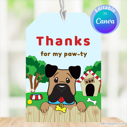 Gift tag with a dog illustration and text 'Thanks for my paw-ty' on a blurred outdoor background.