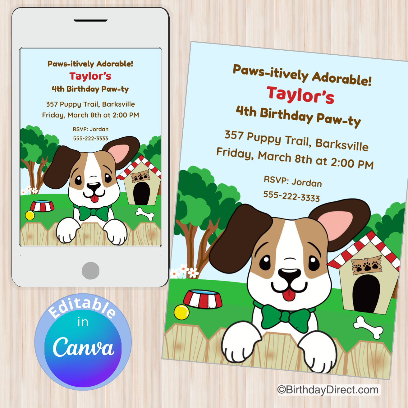 Children's birthday party invitation with a cartoon dog on a smartphone and paper.