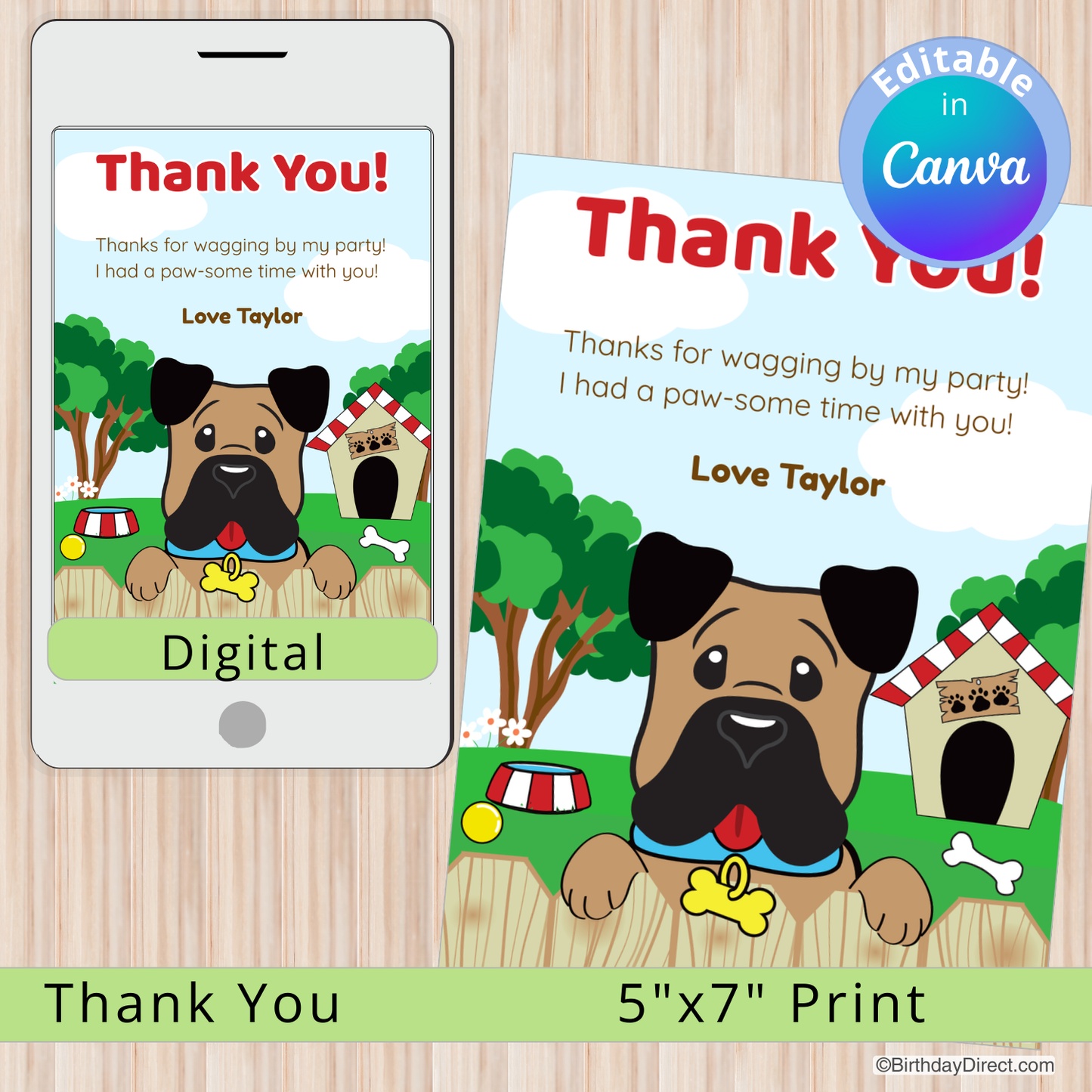 Dog-themed thank you card with digital and print options on a wooden surface.
