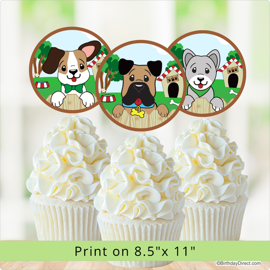 Three cartoon dog illustrations on cupcake toppers with a blurred background.