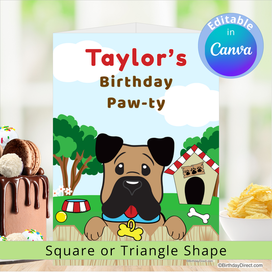 Birthday centerpiece decoration with a dog illustration and editable text in Canva.