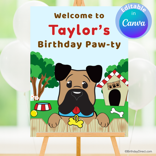 Birthday party poster with a dog illustration and text 'Welcome to Taylor's Birthday Paw-ty' on a green background.