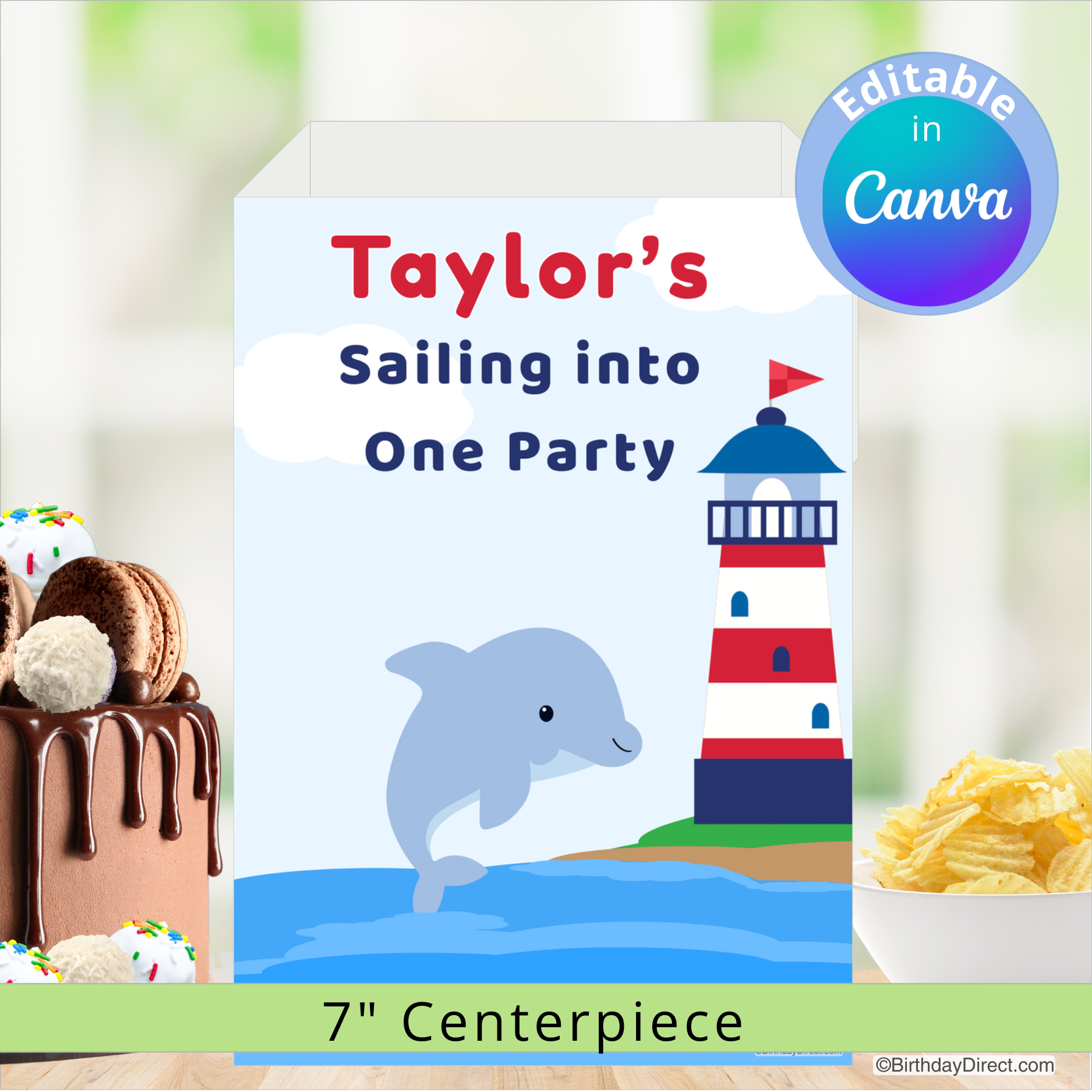 Birthday centerpiece decoration with a lighthouse, a dolphin, and the text 'Taylor's Sailing into One Party' on a blurred background of cake and snacks.