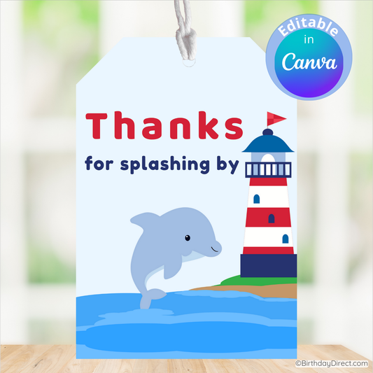 Gift tag with a dolphin and lighthouse design, featuring the text 'Thanks for splashing by'.