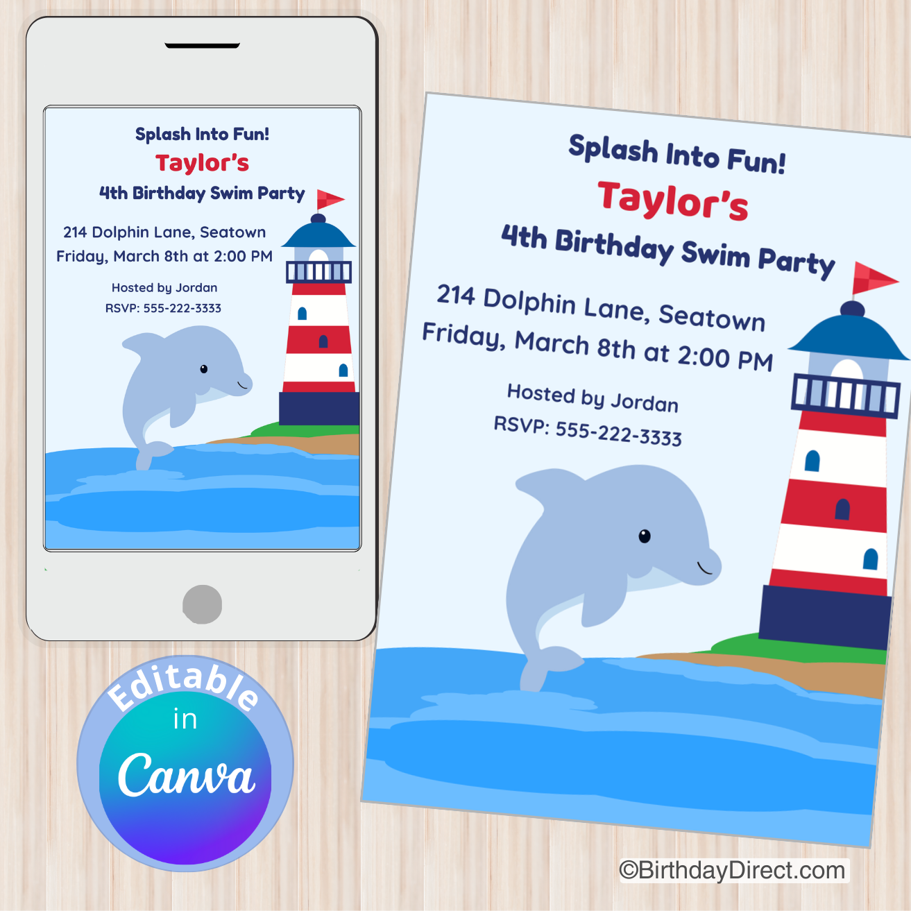 Birthday party invitation with dolphin and lighthouse design on a wooden surface
