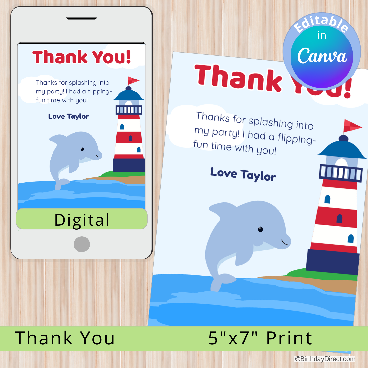 Digital and print thank you card with dolphin and lighthouse design on a wooden surface.