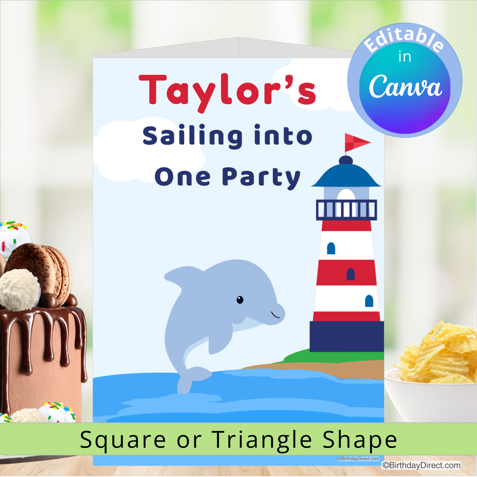 Birthday centerpiece decoration with a dolphin and lighthouse design, featuring the text 'Taylor's Sailing into One Party'.