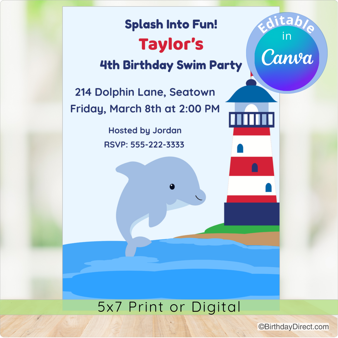 Birthday swim party invitation with a dolphin and lighthouse design, featuring Canva's branding.