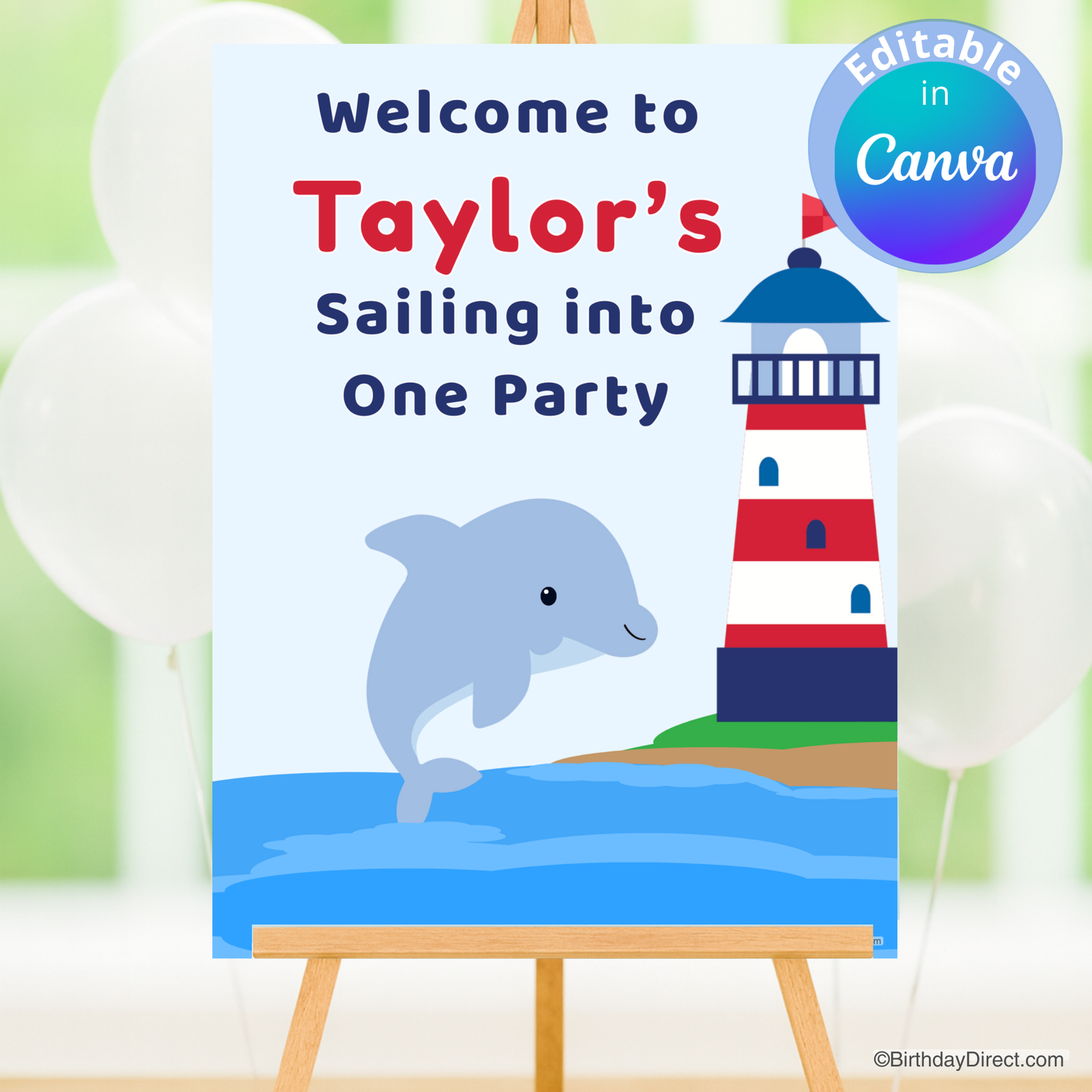 Party poster with a lighthouse and dolphin design on a white background