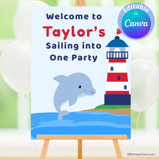 Party poster with a lighthouse and dolphin design on a white background