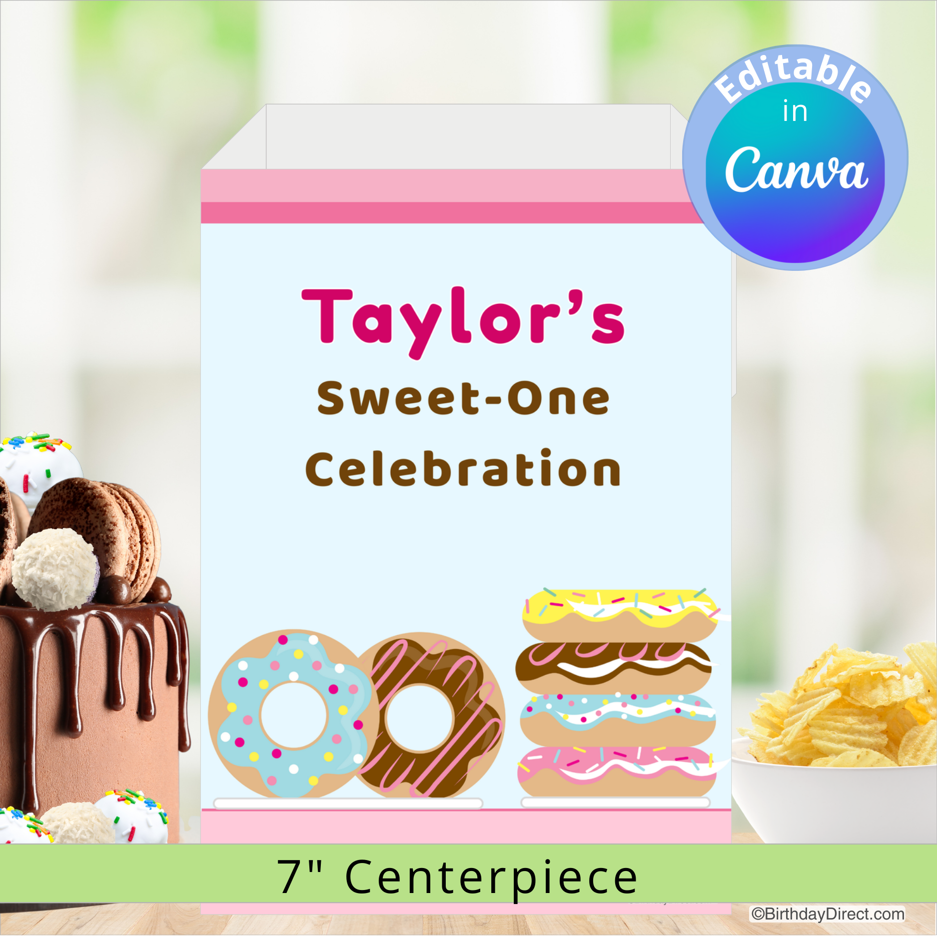 Party centerpiece with 'Taylor's Sweet-One Celebration' text, donuts, and cake on a blurred background.