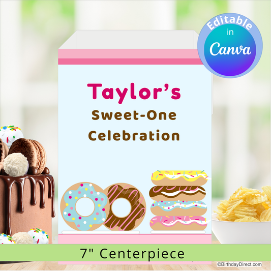 Party centerpiece with 'Taylor's Sweet-One Celebration' text, donuts, and cake on a blurred background.