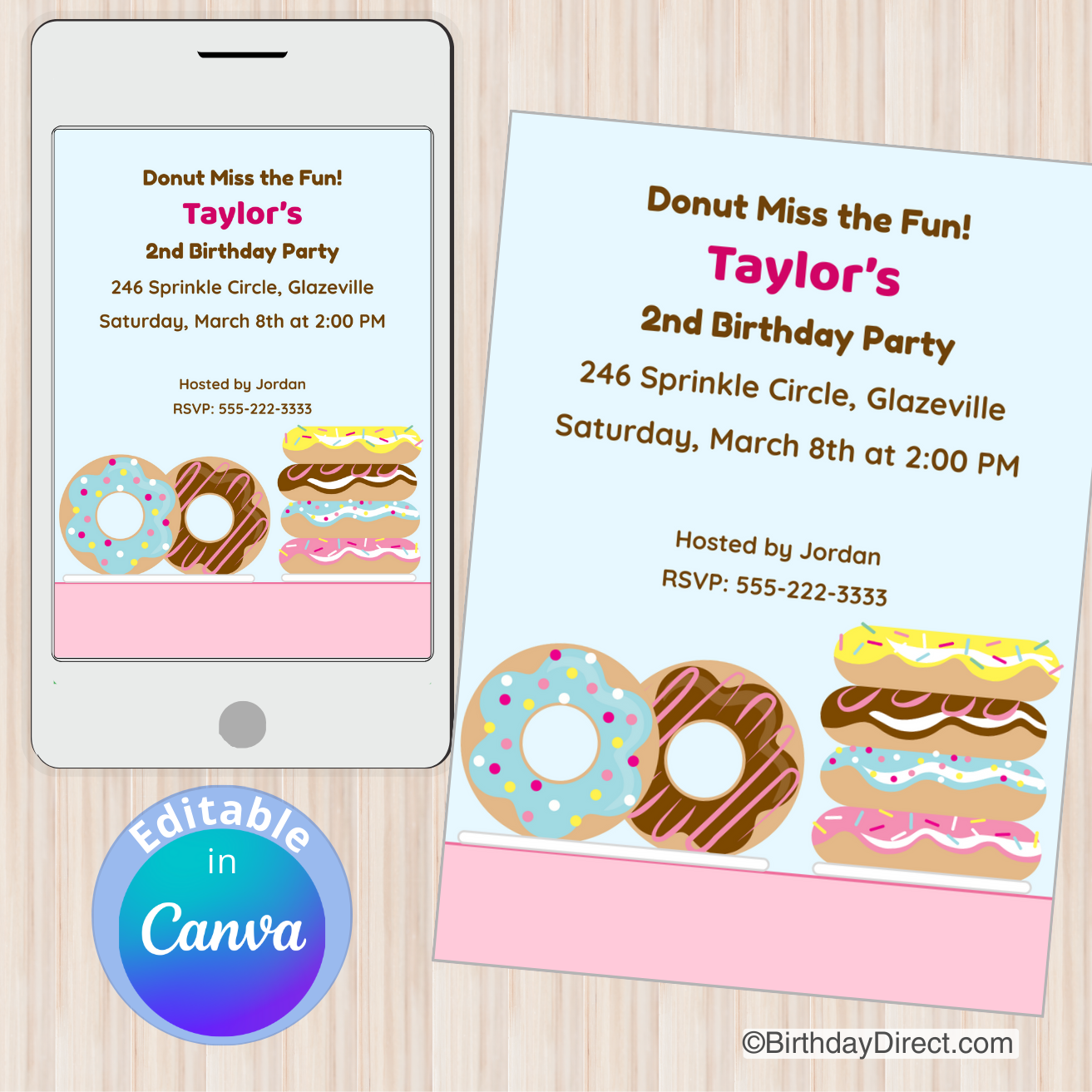 Birthday party invitation with donut-themed graphics on a smartphone and paper.