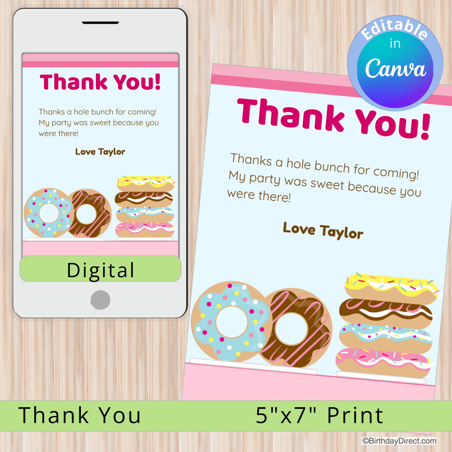Digital and print thank you card with donut illustrations on a wooden surface