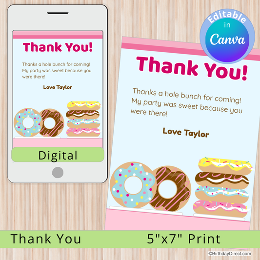 Digital and print thank you card with donut illustrations on a wooden surface