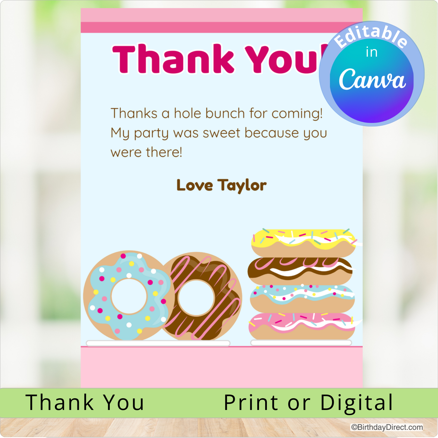 Thank you card with donut illustrations and editable text feature on a blurred background