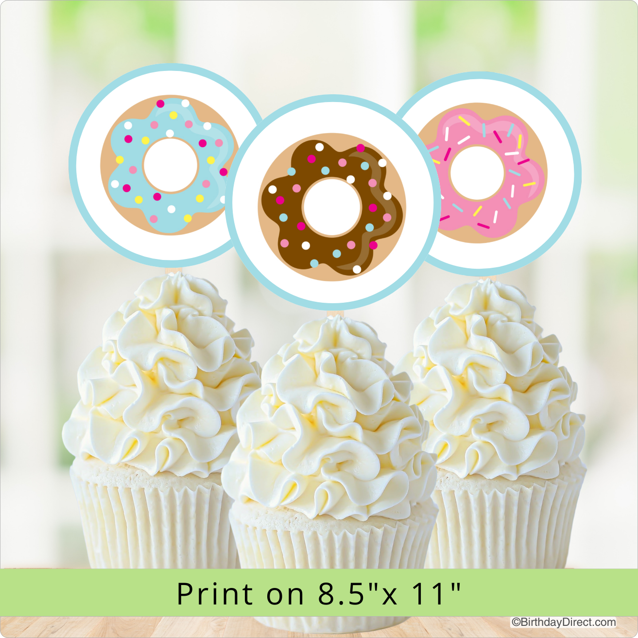 Decorative donut toppers with colorful sprinkles on a white background, with text indicating print size and source.