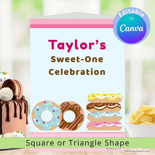 Birthday centerpiece decoration for Taylor's Sweet-One Celebration with donut graphics and editable text in Canva.