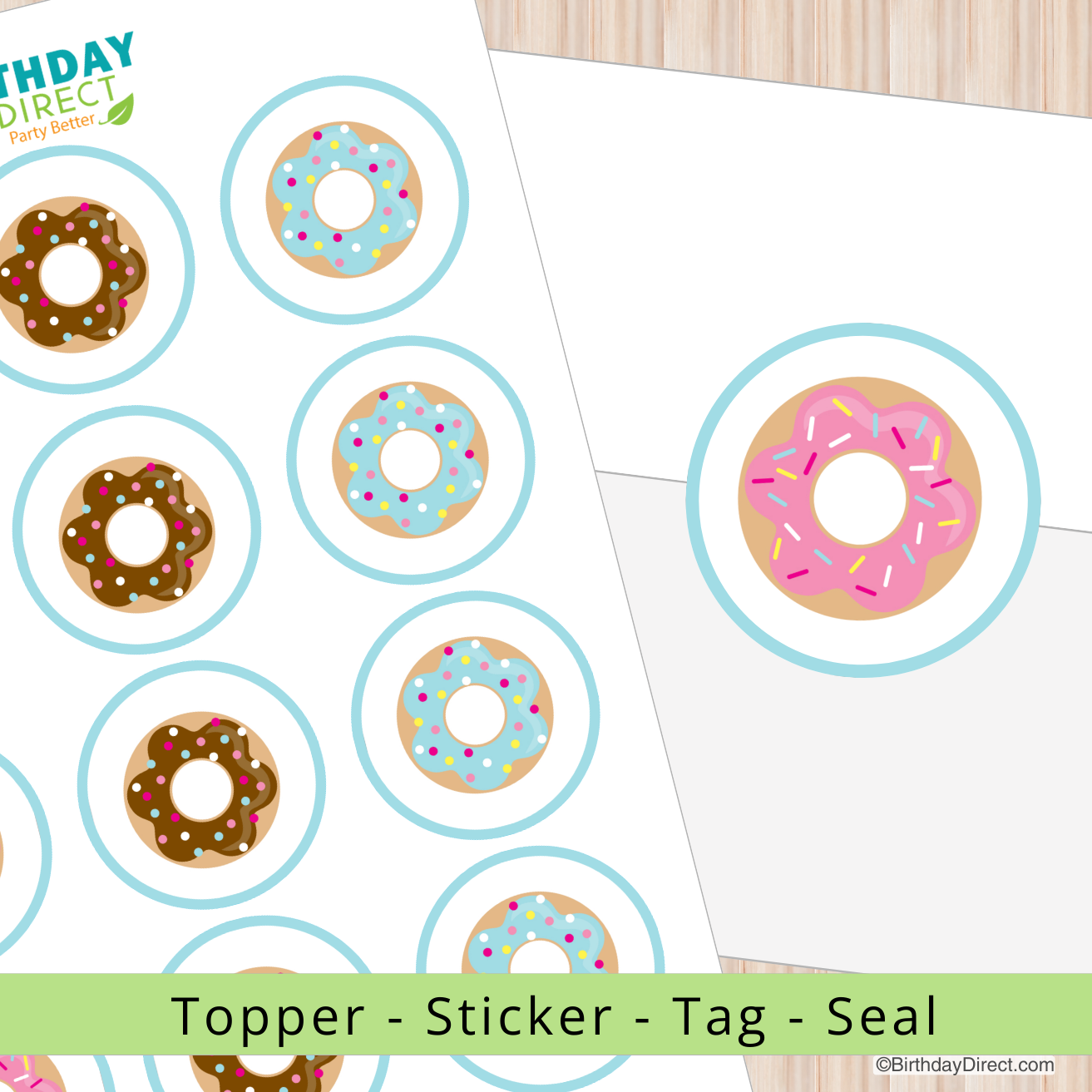 Colorful donut toppers on a white background with 'Birthday Direct' branding.