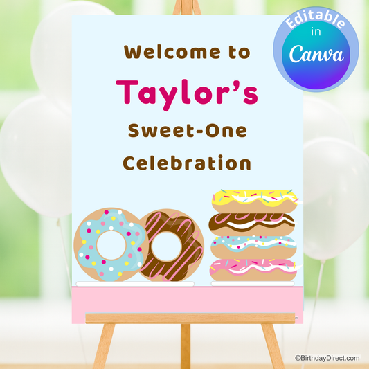 Decorative poster for a 'Sweet-One' celebration with colorful donuts on a white background.