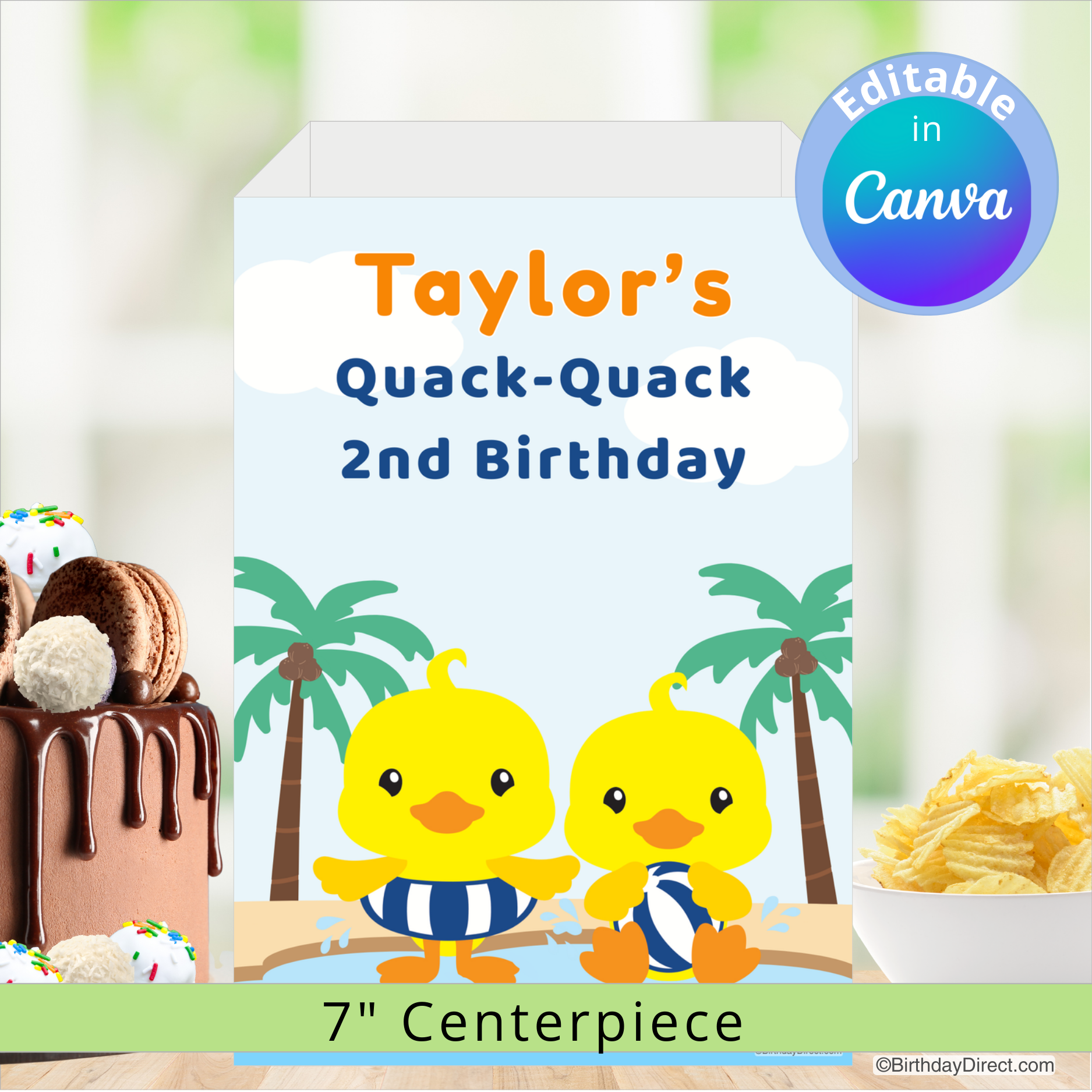 Birthday party centerpiece with two yellow ducklings, palm trees, and text 'Taylor's Quack-Quack 2nd Birthday' on a blue background.