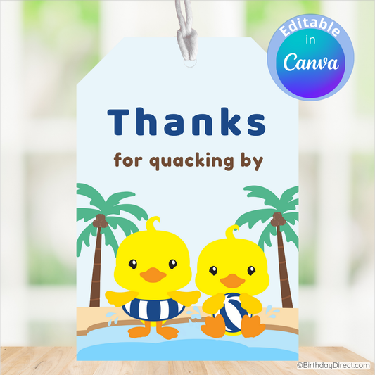 Little Ducky Favor Tags featuring two yellow ducks in a beach scene.