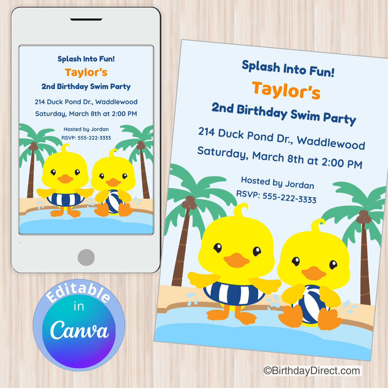 Birthday party invitation with two yellow ducklings by a pool, palm trees, and editable text on a smartphone and paper.