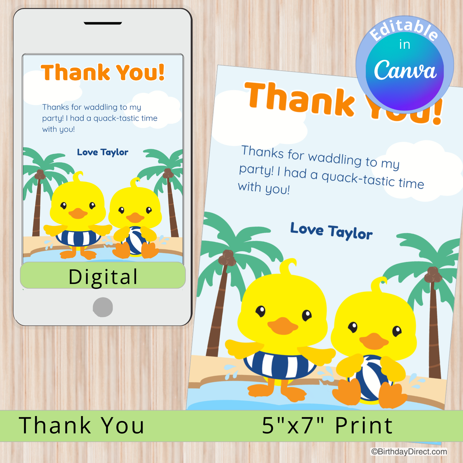 Digital and print versions of a thank you card with ducks and palm trees on a wooden surface.