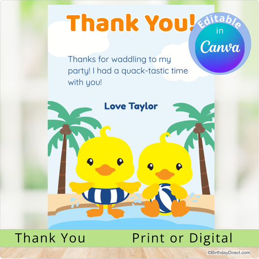 Thank you card with two cartoon ducks and palm trees on a blue background.