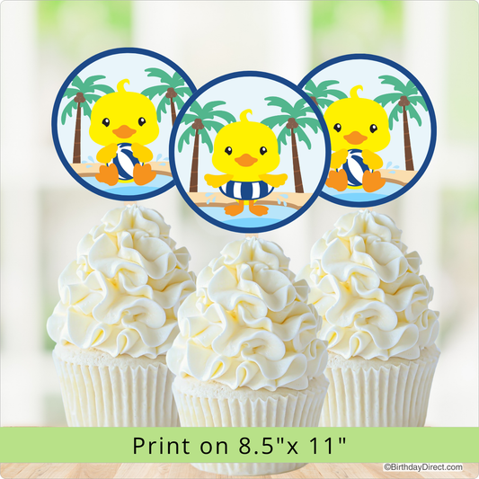 Cupcakes with yellow duckling decorations on a blurred background