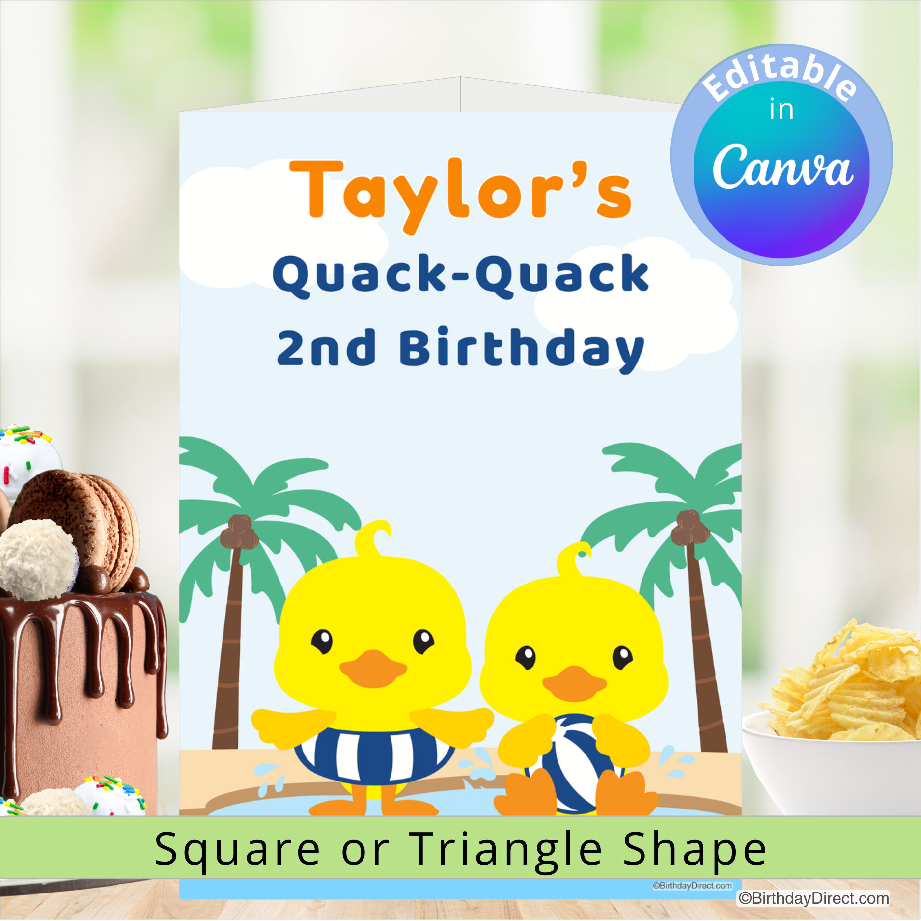 Birthday centerpiece decoration with two ducks, palm trees, and a cake on a blurred background.