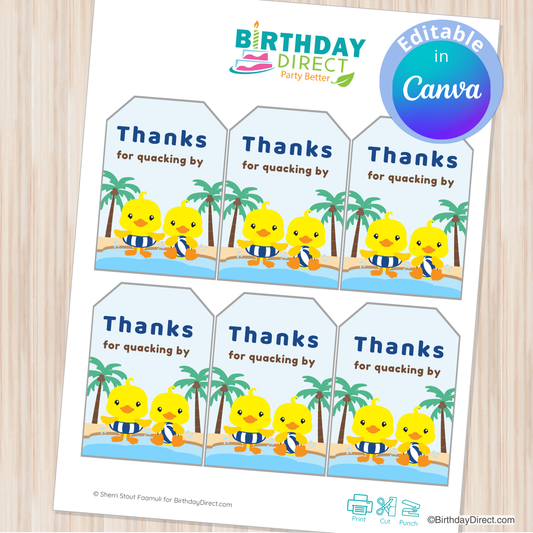 Set of 'Thanks for quacking by' cards with rubber duck design on a wooden surface.