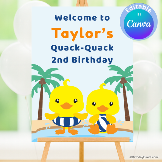 Birthday poster with two yellow rubber ducks, palm trees, and text 'Welcome to Taylor's Quack-Quack 2nd Birthday' on a blue background.